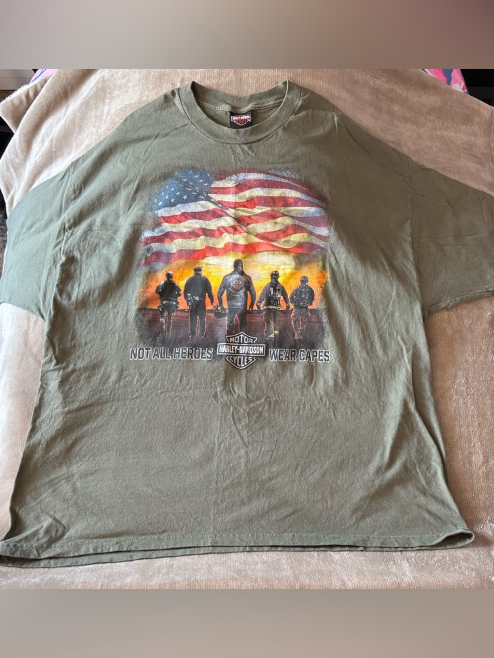 Harley-Davidson Olive Green Short Sleeve T-Shirt with American Flag Graphic